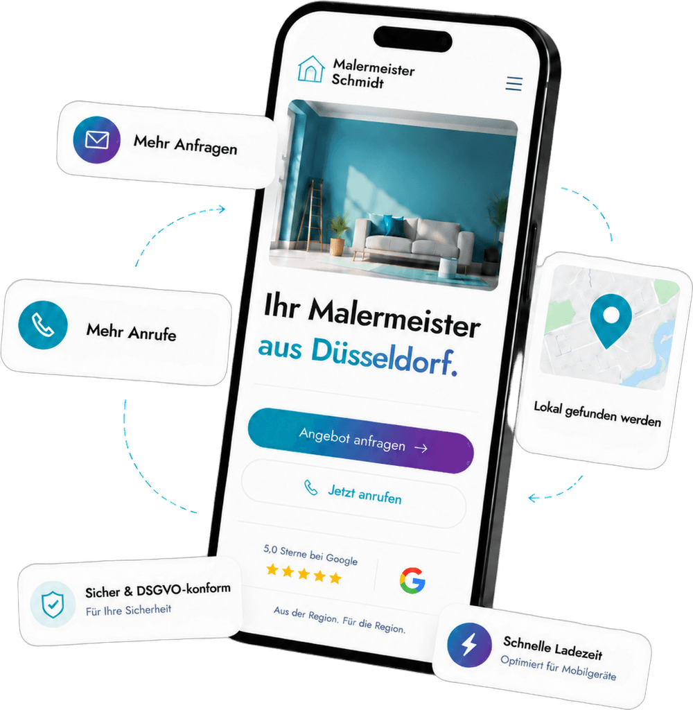 Beispiel einer mobilen Webtopus-Website für einen lokalen Betrieb – mit Angebot-anfragen-Button, Jetzt-anrufen-Button, Google-Bewertung und lokaler Auffindbarkeit.